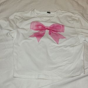 SHEIN White Tee with Pink Bow